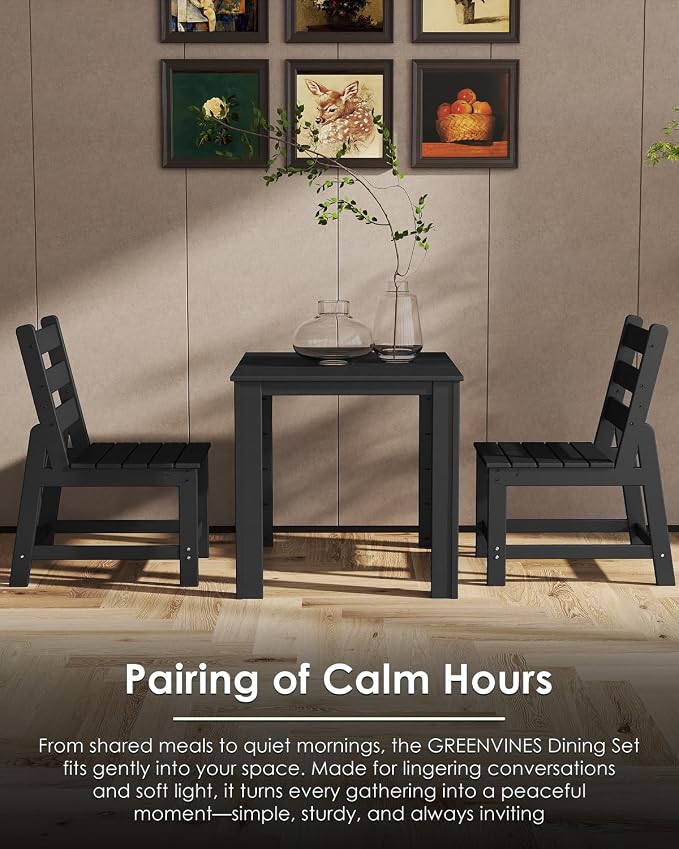 GREENVINES 5-Piece-Outdoor-Dining-Set | HDPE | Square | Patio Furniture | Table and Chairs Sets for 4 | All Weather | Armless Chair | Umbrella Hole | for Backyard Poolside Garden | Black