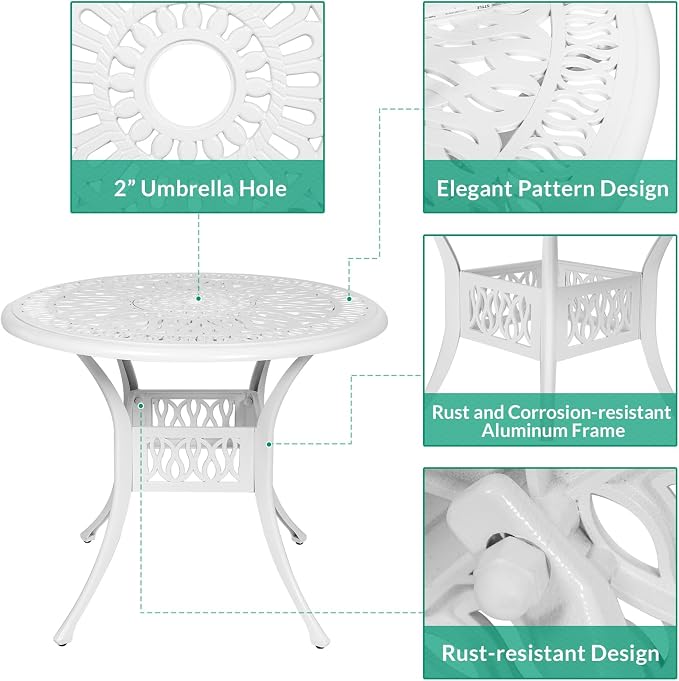 VIVIJASON 3-Piece Patio Furniture Dining Set, All-Weather Cast Aluminum Outdoor Bistro Set, Include 2 Dining Chairs and 35.4" Round Table w/ 2" Umbrella Hole for Balcony, Lawn, Garden, Backyard, White