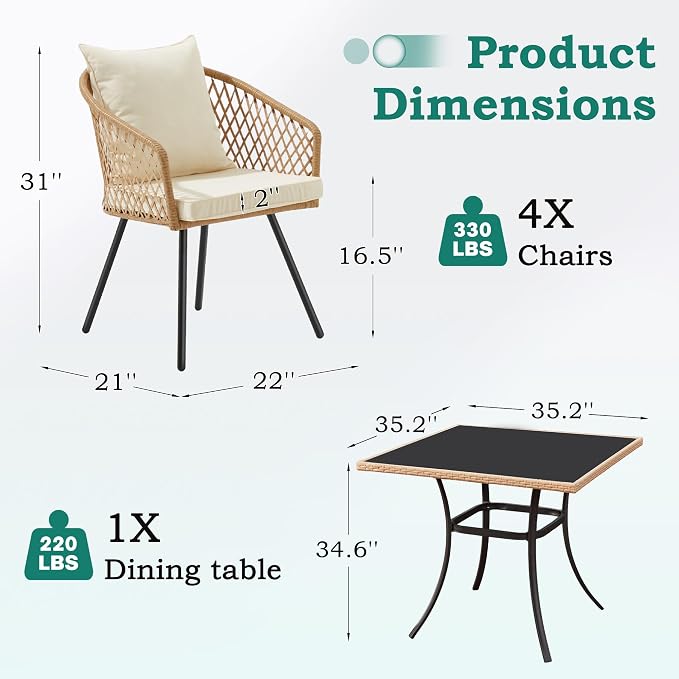 ECOTOUGE 5-Piece Outdoor Dining Table Chair Set, All-Weather Wicker Dining Set for 4, 4 Cushioned Chairs & Glass Table for Garden, Deck, Backyard(Yellow/White)