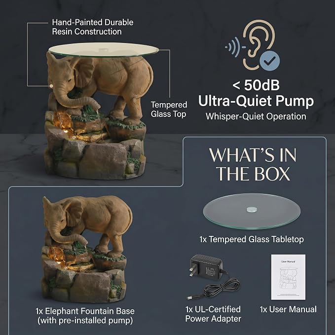 Elephant Side Table with Glass Top & Waterfall Base Patio End Table with Animal Fountain Feature 21.9" Tall Warm White LED Weatherproof Resin for Garden Living Room Home Office