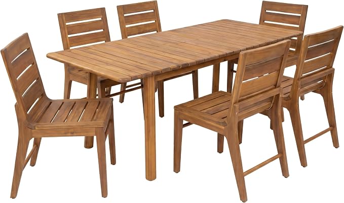 Christopher Knight Home Josie 7 Piece Acacia Wood Outdoor Dining Table Set for 6, Extendable Dining Table and 6 Armless Chairs Set with Slatted Design, Outdoor Patio Furniture Set for Dinner, Teak