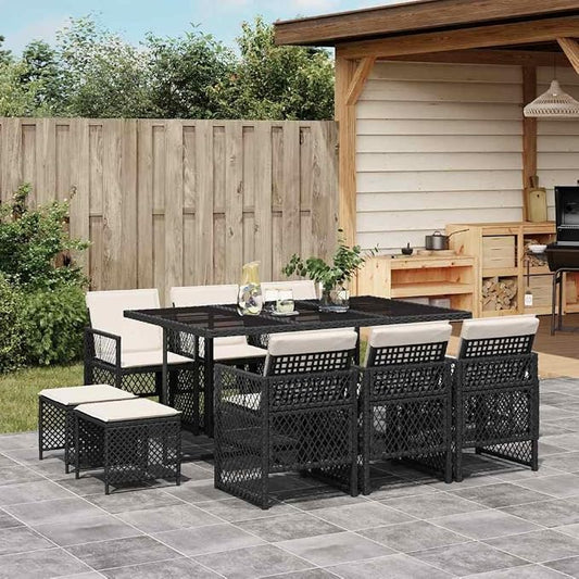 11 Piece Garden Dining Set, Outdoor Patio Furniture with Cushions, Foldable Synthetic Poly Rattan Table and Chairs for Backyard, Terrace, Seats 10