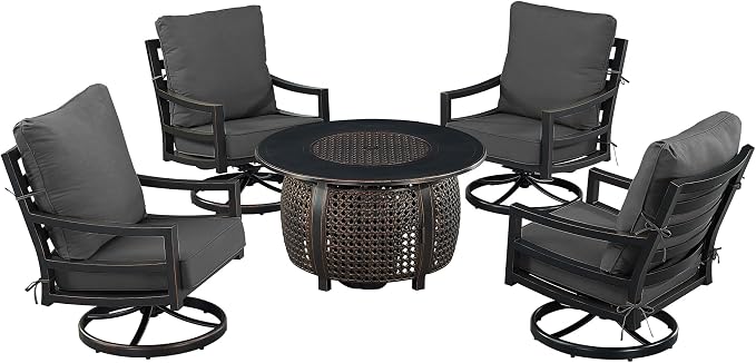 Oakland Living Black Aluminum Patio Fire Table Set with Four Club Chairs with Black Cushions