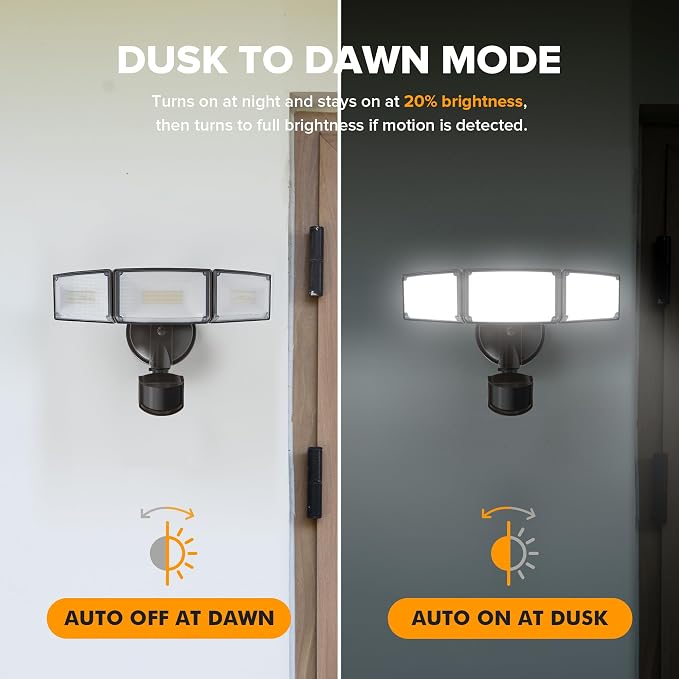 LUTEC 2 Pack 72W 7500LM LED Security Lights Motion Sensor Light Outdoor, 5000K Daylight, IP65 Waterproof, Dusk to Dawn, 3-Head Motion Detected Flood Light for Garage, Yard, Porch(Brown)