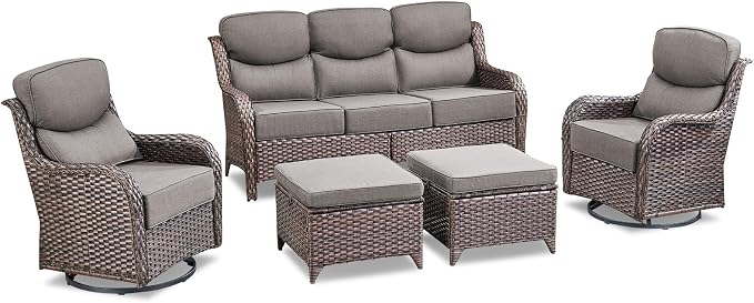Luxury 5 Piece Patio Furniture Set-All Weather Outdoor Swivel Rocker Chairs with 6" Thick Cushions Multifunctional Ottoman Rattan Patio Conversation Sets for Porch Deck Garden Backyard(Brown/Grey)