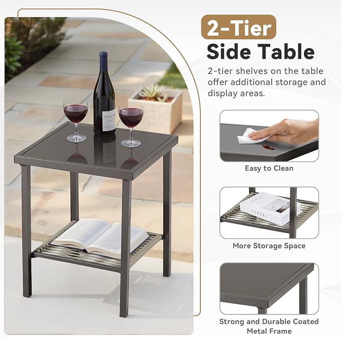 Outdoor Side Table, Steel, 22x18x18 in, Dark Gray | Powder-coated steel frame, 2-layer square top, moisture-resistant, patio deck end table, holds 50 lb