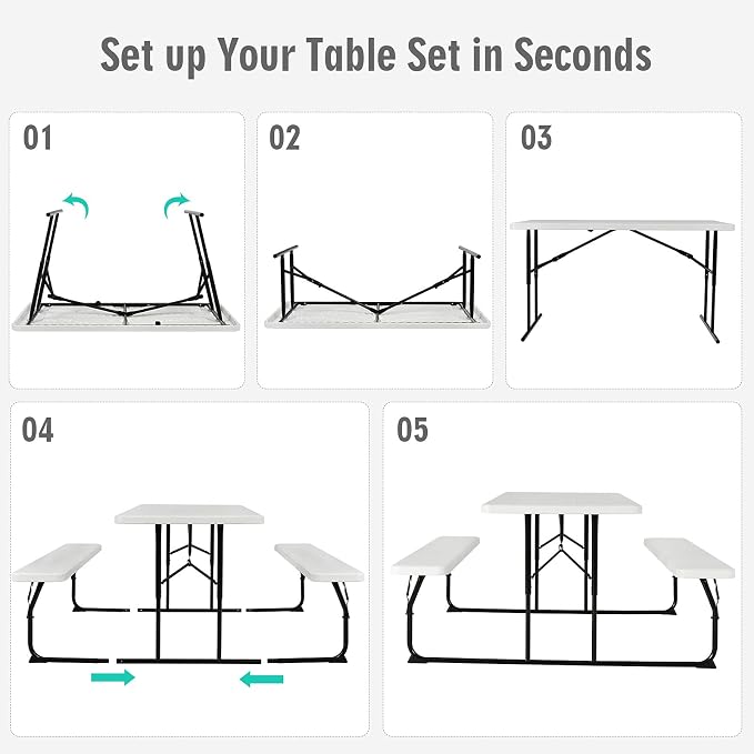 GYMAX Picnic Table, 550 LBS Folding Picnic Tables with Benches & Seats, Weather-Resistant Easy Setup Portable Picnic Table, Wood-Like Foldable Picnic Tables for Outdoors Patio Deck Party BBQ (White)