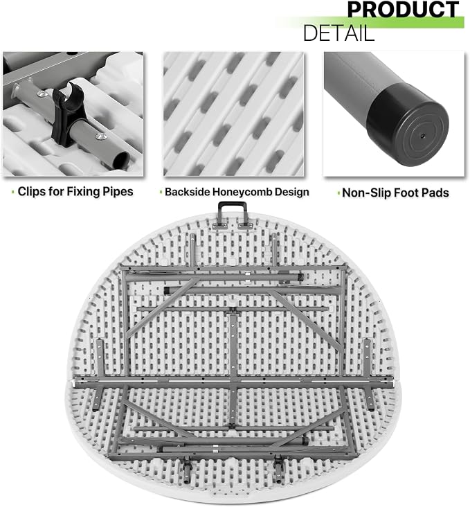 Magshion 60" Round Folding Table, 5 Feet Bi-Folding Plastic Commercial Dining Card Table w/Carrying Handle for Outdoor Wedding Party Event Picnic, White/Gray