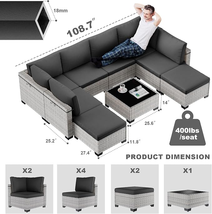9-Piece Patio Furniture Set, Outdoor Sectional with Ottomans, Modular Patio Sofa, Dual-Strand Wicker Rattan, Rust-Resistant Frame, Backyard Furniture for Garden, Deck, Black