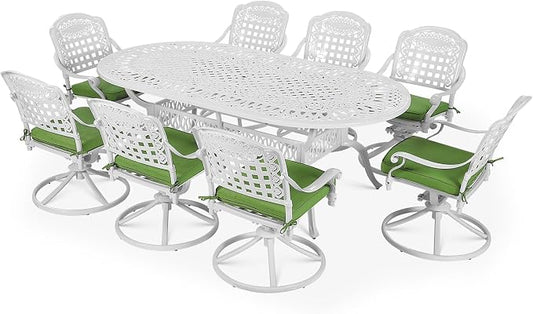 VIVIJASON 9-Piece Outdoor Patio Furniture Dining Set, All-Weather Cast Aluminum Conversation Set, Include 8 Swivel Rocker Dining Chairs and an Oval Table with Umbrella Hole, White/Green Cushion