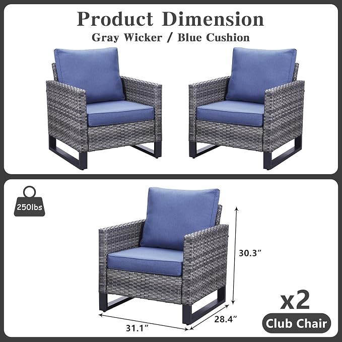 Belord Oversize Patio Chairs Set of 2 Outdoor Wicker Dining Chairs, All-Weather Rattan Patio Club Chair Furniture Sets with Water-Resistant Cushion Anti-Rust Frame Blue