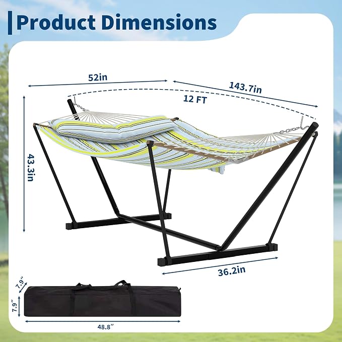 Double Hammocks with Stand for Outside, Heavy Duty Portable Outdoor Hammock with Carrying Bag & Soft Pillow & Paded, 450 LBS Weight Capacity, Perfect for Outdoor Indoor Patio Backyard Garden