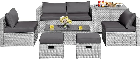 DORTALA 8 Pieces Patio Furniture Set, PE Rattan Sectional Sofa Set with Tempered Glass Table & Waterproof Cushions, Outdoor Wicker Conversation Set for Balcony, Poolside, Grey