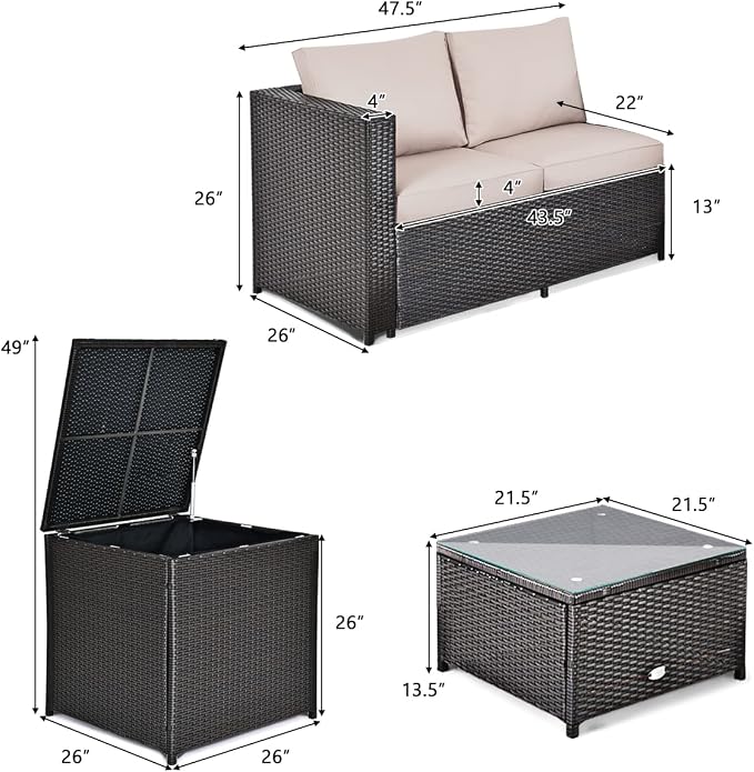 DORTALA 4 Pieces Outdoor Patio Furniture Set, Weather Resistant PE Rattan Conversation Set with 2 Loveseats, Outdoor Sectional Sofa Set with Comfy Cushions for Garden and Poolside, Brown