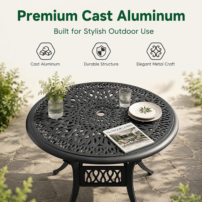 IRONORA 35 Inch Outdoor Dining Table Cast Aluminum, Patio Round Bistro Table with Umbrella Hole for Backyard, Garden, Patio, Porch, Poolside