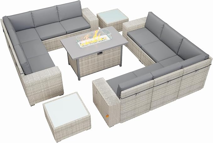 13 Piece Patio Furniture Set, 8" Wide Arm Sectional Sofa Set with 50000 BTU Propane Fire Pit Table & Coffee Table, Rattan Outdoor Conversation Set for Garden, Porch, Lawn, Gray