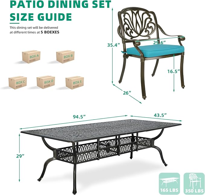 VIVIJASON 9-Piece Outdoor Dining Set, All Weather Cast Aluminum Retro Patio Furniture Table and Chairs Set for 8, Include 94.5" Rectangular Table and 8 Chairs with Umbrella Hole, Ocean Blue Cushion