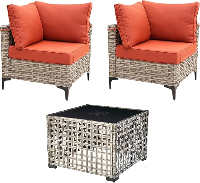HOOOWOOO 3 Pieces Outdoor Patio Sectional Sets with 2 Single Arm End Corner Chairs and an LED Table,Orange Red