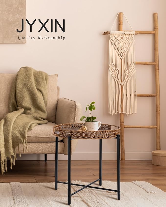 19in Round Rattan Side Table with Wooden Tray，Small Round Wicker Wooden End Table，Rattan End Table for Indoor Use, Living Room, Bedroom, Office, Balcony-Brown