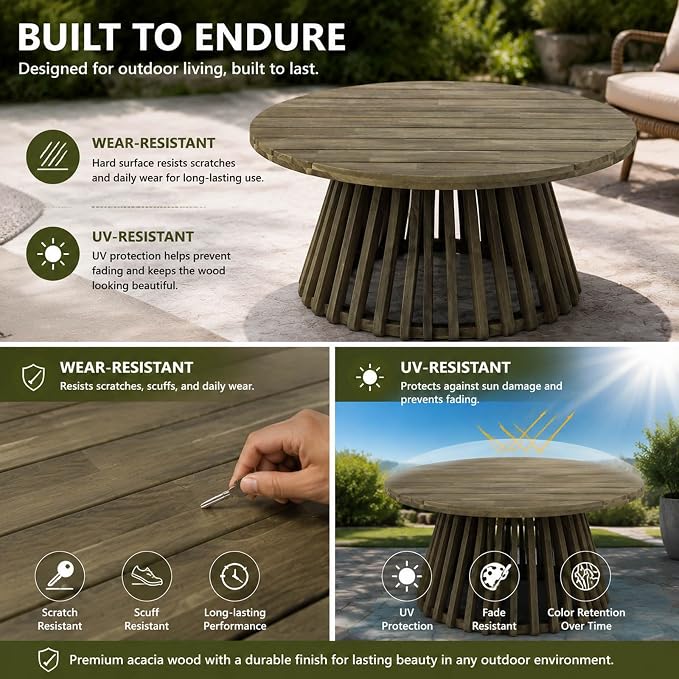 Round Outdoor Coffee Table for Patio, 31.5 Inch Acacia Wood Side Table with Slatted Pedestal Base, Farmhouse Outside Coffee Table for Garden, Balcony, Poolside, Porch, Weather-Resistant, Grey