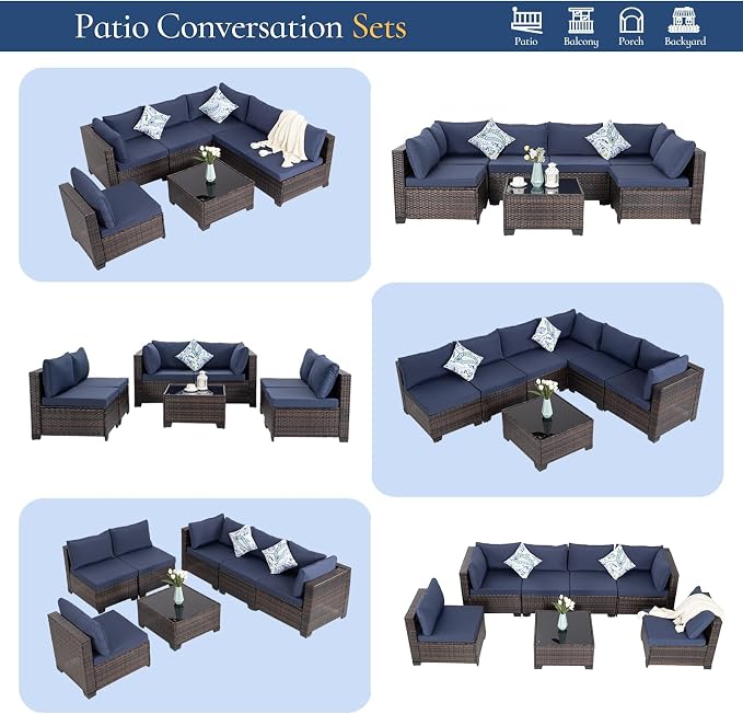 FHFO 14 Piece Outdoor Wicker Patio Furniture Set, Brown/Blue | Sectional Sofa | All-Weather Hand-Woven Rattan | Tempered Glass Coffee Table | Free Combination | Indoor & Outdoor Use