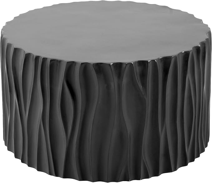 Black Coffee Table with Wavy Fluted Cylindrical Side, Modern Round MGO Magnesium Oxide Center Accent Table Assembly-Free for Living Room Patio Garden Balcony Outdoor 26.77" x 14.76"