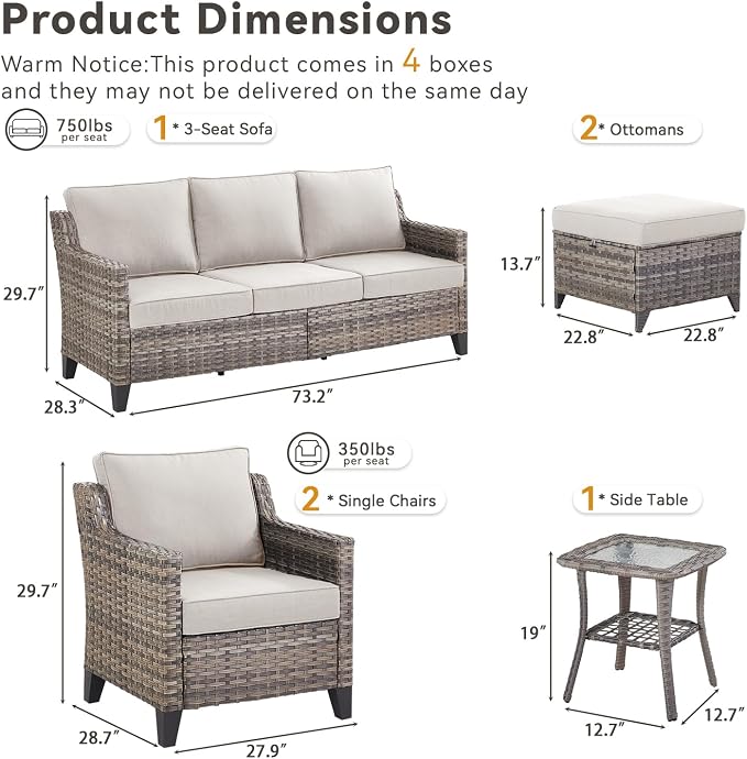 Buenhomino Outdoor Patio Furniture Set-PE Wicker Sofa Couch with Ottomans Comfy Cushions, All Weather High Back Patio Conversation Set for Porch Deck Balcony Garden Grey/Beige