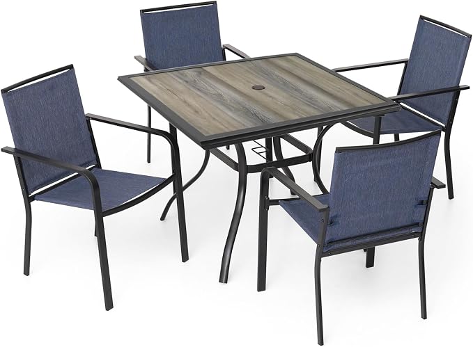 Outdoor Patio 37" PVC Square Table and NavyBlue Stackable Chairs Set of 5 | Stackable Chairs, Square Table, Table and Chair with Metal Frame, Pvc Table Top, All Weather, Textilene fabric Seat and Back