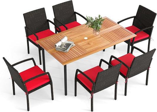 HAPPYGRILL 7-Piece Patio Dining Set Outdoor Rattan Wicker Furniture Set with Umbrella Hole, Steel Frame, Acacia Wood Tabletop & Removable Cushions, for Backyard, Porch, Garden