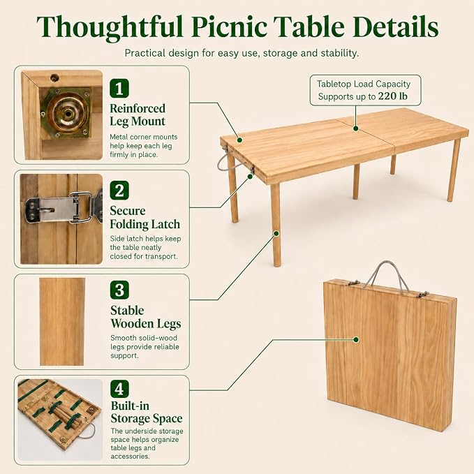 Folding Wooden Picnic Table, All-in-One Storage Box Design Portable Solid Wood Low Profile Table for Indoor Home, Outdoor Camping, Beach and Patio