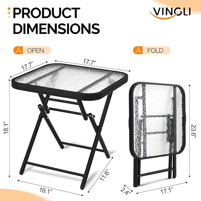 VINGLI Folding Glass Outdoor Side Table, 18 Inches Small Foldable Patio Bistro Table with Tempered Glass Table Top for Lawn & Garden, Balcony, Porch and Pool, Rectangular