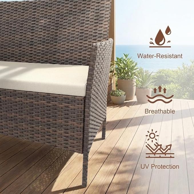 4PCS Outdoor Patio Bistro Set, PE Rattan Wicker Armchairs, Brown/Beige