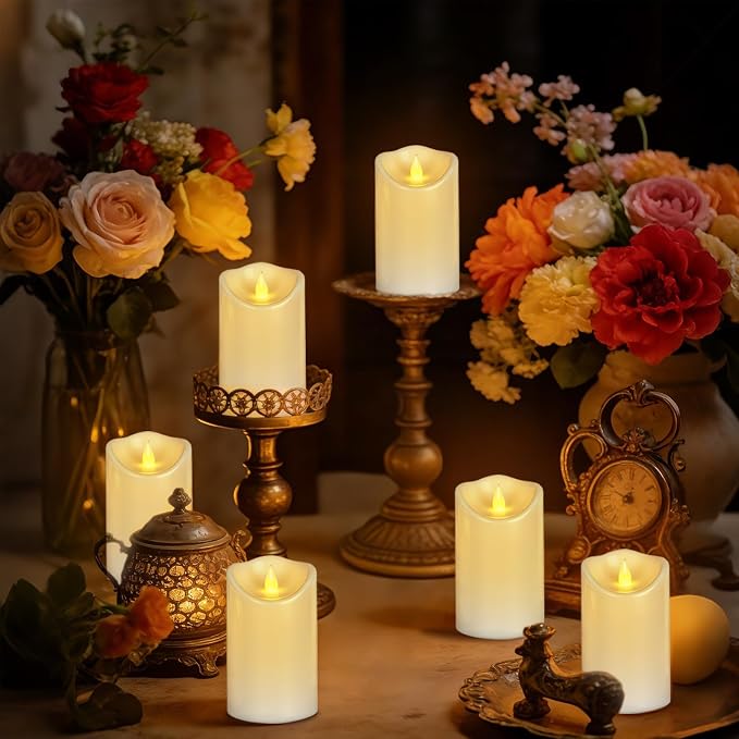 Pure White Flameless Candles, Patented 3D Dual-LED, Set of 2 Slanted Plastic Pillars with Remote, Waterproof Non-Melting Battery Operated Modern Decor for Spa Bath, White (D3 x H6)