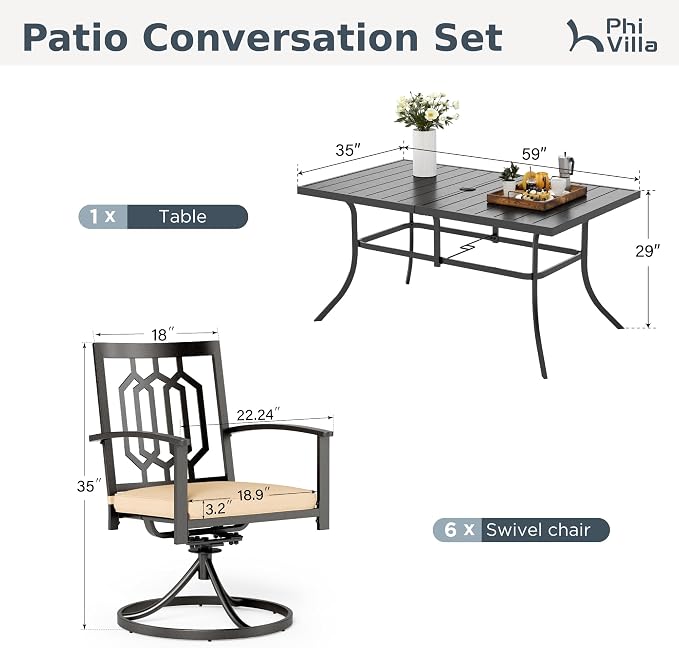 PHI VILLA 7 Pcs Patio Dining Set for 6& Swivel Chairs | Rectangular Dining Table and 6 Swivel Patio Dining Chairs w/ cushions for Outdoor Backyard Bistro Furniture Set