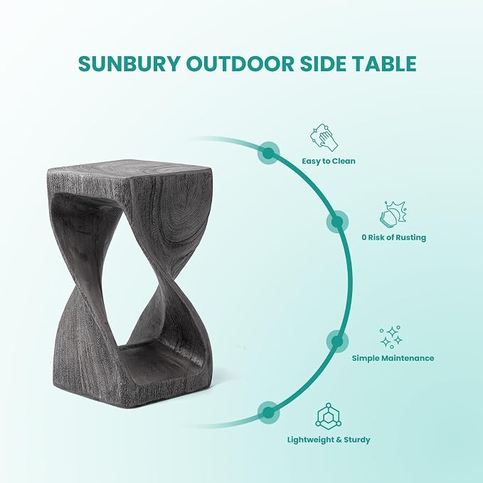 SUNBURY Outdoor Side Table, Big Twist Shape Accent Table, 20" H Patio Faux Concrete End Table, Faux Wooden Garden Stool Log for Patio Garden Balcony Porch, Grey