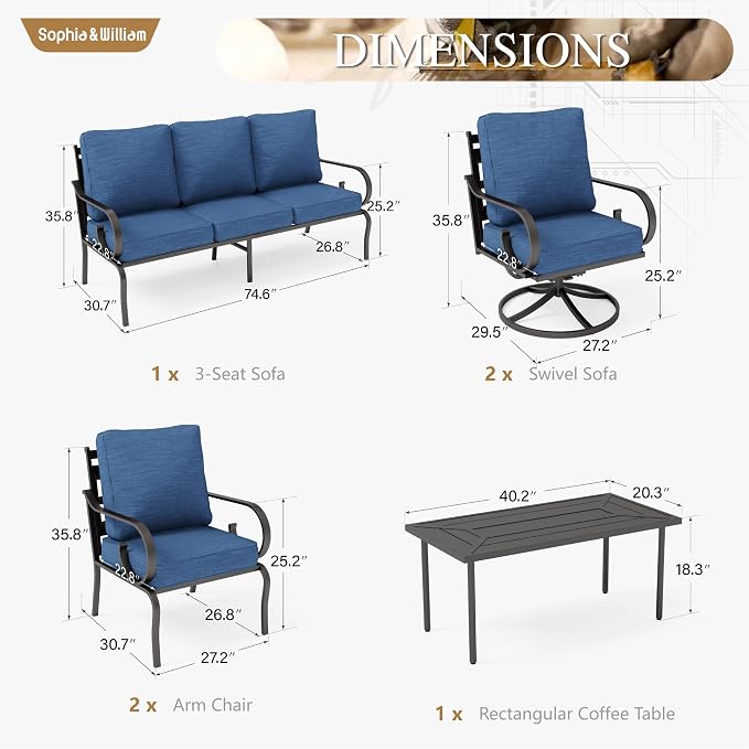 Sophia & William Patio Conversation Set for 7, 3-Seater Sofa, 2 Fixed Chairs, 2 Swivel Chairs and a Coffee Table, Metal Outdoor Furniture with 5.75" Extra Thick Cushions, Navy