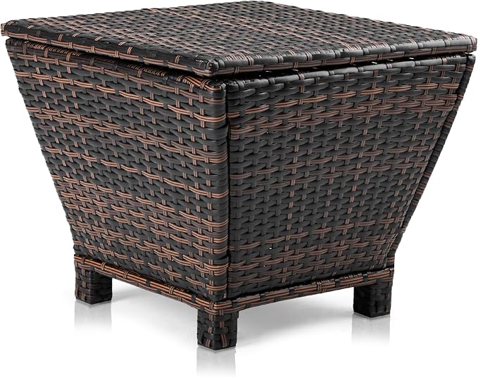 Outdoor Side Table with Storage, 13 Gallon Outdoor Bin Storage Container for Hose Cushion Towel, Patio Wicker Side Table (Brown)
