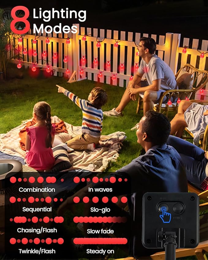 LORRYTE Solar String Lights Outdoor 2 Pack 72FT 120 LED Red Patio Lights | Crystal Globe, IP65 Waterproof, Auto On/Off, 8 Modes Solar Powered Light for Outside Halloween Party Garden Yard Decorations