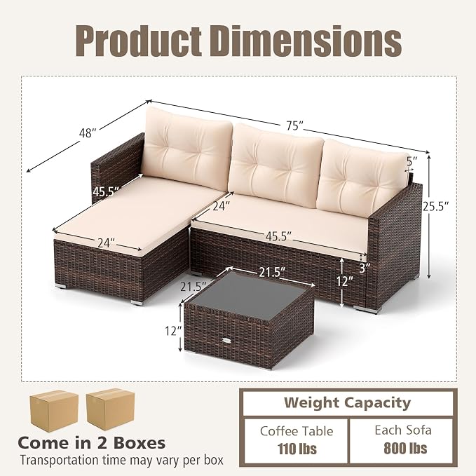 RELAX4LIFE Wicker Patio Furniture Set - PE Rattan L-Shaped Sectional Sofa Seating w/Soft Cushions, Tempered Glass Coffee Table, Outdoor Conversation Couch Set for Backyard Garden Porch Balcony