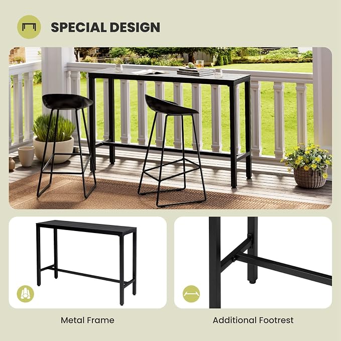 Crestlive Products Outdoor Bar Table, 55'' Rectangle Patio Counter Height Table High Pub Table with Waterproof Top and Sturdy Metal Frame for Balcony, Bistro, Garden, Backyard, Hot Tub (Black)