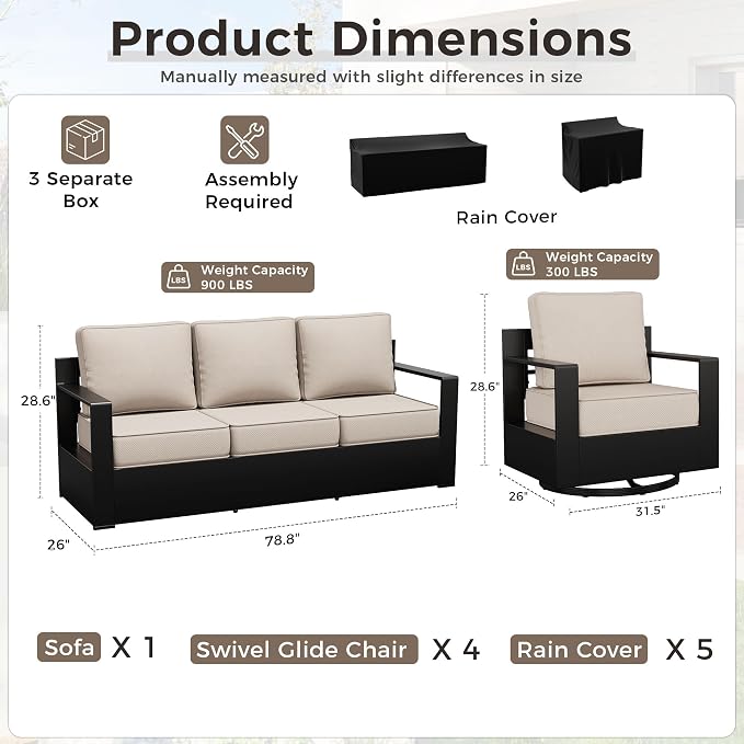 Outdoor Patio Furniture Set, 5-Piece Aluminum Patio Conversation Set All-Weather Metal Outdoor Sectional with 6 Inch Thick Cushions, Deep Setting for Garden, Outside and Porch, Beige