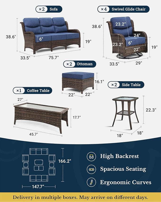 HILLGA 11-Piece Luxury Patio Furniture Set with 6" Thick Cushions, Weather-Resistant Wicker High Back Swivel Rocker Chairs, Senior-Friendly Outdoor Sofa Set for Large Deck, Yard and Poolside, Blue(V2)