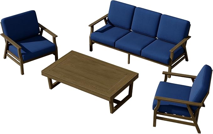 4 Pieces Patio Furniture Sets, Teak Wood Outdoor Sectional Furniture with Coffee Table, 5 Seats Patio Sofa Couch Conversation Set for Backyard Deck - Navy