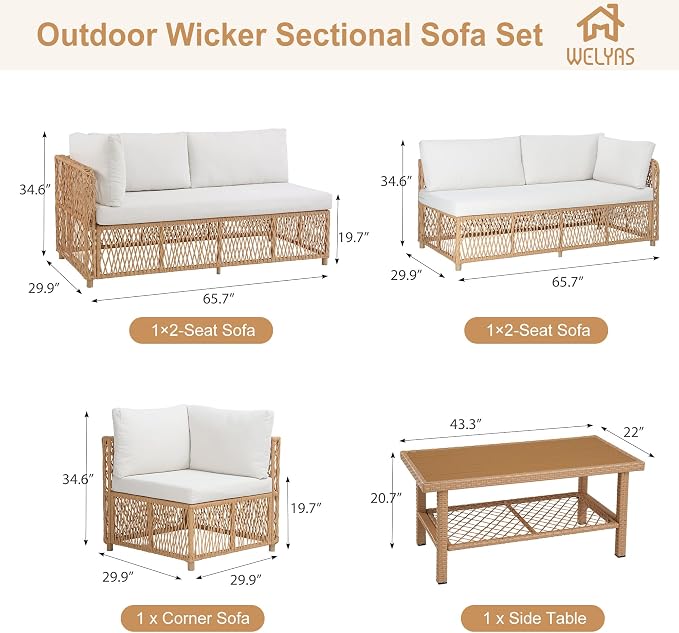 Patio Furniture Set 6-Seater Large Outdoor Sectional Modular L-Shaped Outdoor Furniture with Thick Cushion All Weather Wicker Boho Patio Conversation Sets for Deck, Backyard