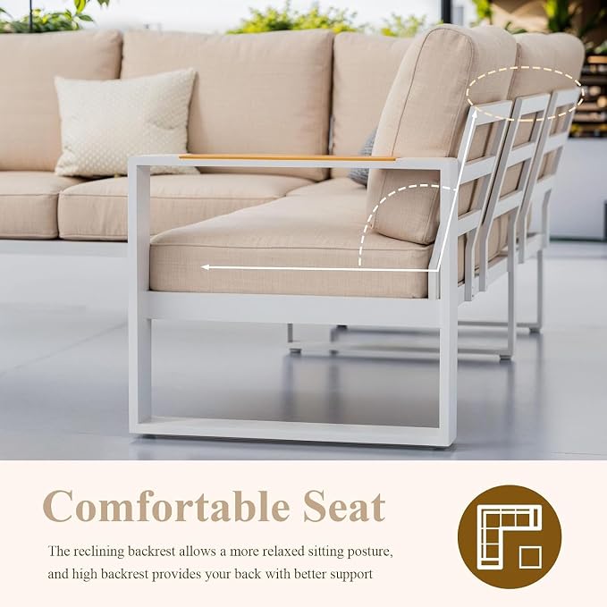 Outdoor Patio Furniture Set, Aluminum Sectional Sofa L Shape Conversation Sets, Modern Metal Patio Couch Sofa and Teak Desktop Aluminum Table for Patio, Porch, Backyard