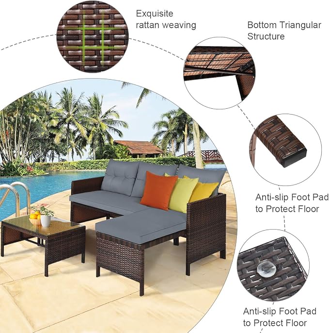 3 Pieces Rattan Sectional Sofa Set, Patio Wicker Rattan Conversation Set with Chaise Lounge, Love Seat & Coffee Table, Patio Furniture Set for Garden, Lawn, Poolside (Gray)