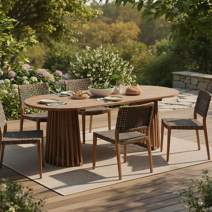 Christopher Knight Home 83" Oval Dining Table with Racetrack Top, Outdoor Acacia Wood Dining Table for 6-8, Large Garden Dining Furniture, Slatted Pedestal Outdoor Furniture, Light Brown