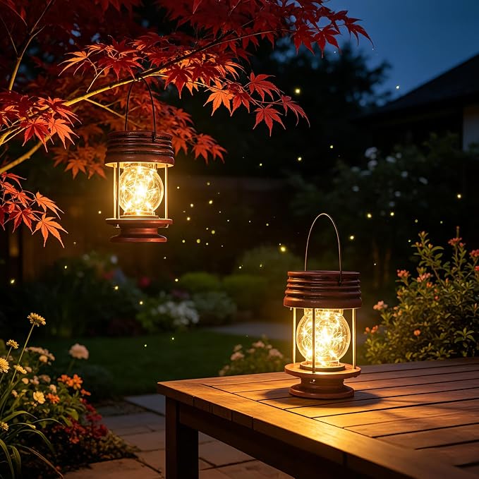 Solar Lanterns Outdoor Patio Decor, 20 LED Hanging Solar Fairy Lights Waterproof, 2 Pack Retro Decorative Table Lamps with Warm Glow for Porch, Yard, Garden, Pathway & Backyard Decoration
