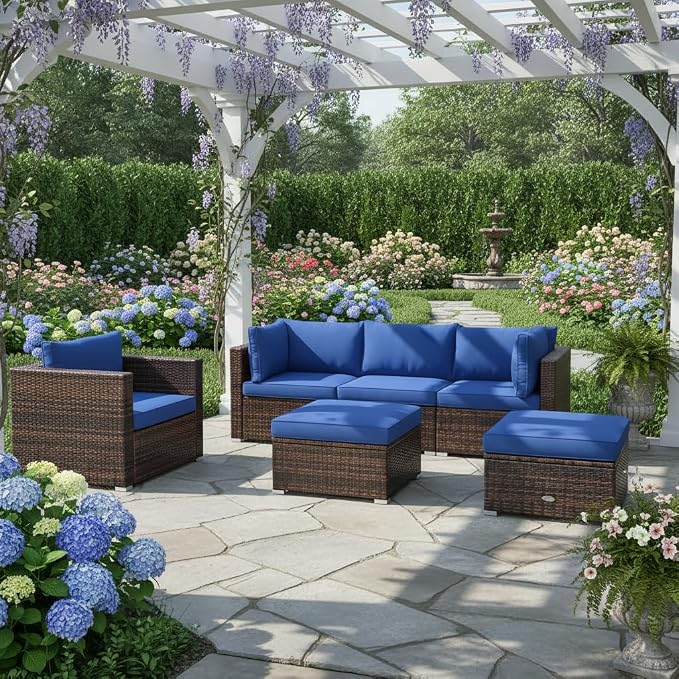 Tangkula 6 Pieces Wicker Patio Furniture Set, PE Rattan Outdoor Sectional Conversation Set with Glass Coffee Table & Ottoman, Wicker Sofa Set with Cushions for Yard Garden, Deck, Porch, Navy