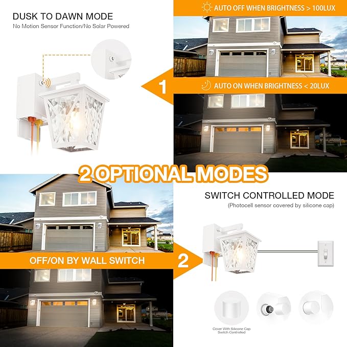 Ehaho Porch Lights with GFCI Outlet Aircraft Grade Aluminum Alloy-White 1PC | Dusk to Dawn Outdoor Lights Waterproof IP 68 Upgraded 3 Lighting Modes Exterior Light with Plug for Front Door Patio Garage